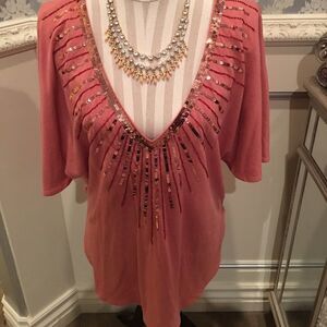 Coral V Neck Sequin Burst Top!